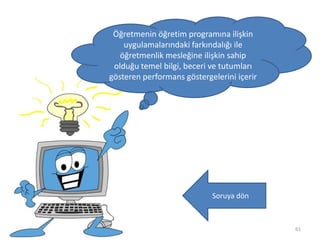 61
Öğretmenin öğretim programına ilişkin
uygulamalarındaki farkındalığı ile
öğretmenlik mesleğine ilişkin sahip
olduğu temel bilgi, beceri ve tutumları
gösteren performans göstergelerini içerir
Soruya dön
 