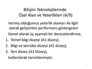 Vermiş olduğumuz yeterlik alanları ile ilgili
olarak geliştirilen performans göstergeleri
Genel olarak üç aşamalı bir derecelendirme;
1. Temel bilgi düzeyi (A1 düzey),
2. Bilgi ve tecrübe düzeyi (A2 düzey),
3. İleri düzey (A3 Düzey),
kullanılarak tanımlanmıştır.
Bilişim Teknolojilerinde
Özel Alan ve Yeterlikleri (4/9)
7
 