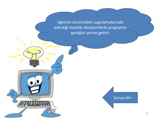 71
öğretim sürecindeki uygulamalarında
edindiği mesleki deneyimlerle programın
gereğini yerine getirir.
Soruya dön
 