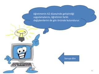 81
öğretmenin A2 düzeyinde geliştirdiği
uygulamalarını, öğretimin farklı
değişkenlerini de göz önünde bulundurur.
Soruya dön
 