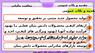 ‫عمومی‬ ‫نکات‬ ‫و‬ ‫مقدمه‬
1
‫توسعه‬ ‫و‬ ‫تحقیق‬ ‫بر‬ ‫مبتنی‬ ‫جدید‬ ‫محصول‬ ‫توليد‬
2
‫بهبود‬ ‫ا‬.‫ي‬ ‫ی‬.‫فعل‬ ‫بنیان‬ ‫ش‬.‫دان‬ ‫والت‬.‫محص‬ ‫ی‬.‫کیف‬ ‫ارتقای‬
‫و‬ ‫ذ‬.
.‫اخ‬ ،‫ی‬.
.‫کیف‬ ‫های‬ ‫ی‬.
.‫ویژگ‬ ‫(بهبود‬ ‫ا‬.
.‫آنه‬ ‫د‬.
.‫تولي‬ ‫د‬.
.‫فرآين‬
)...‫و‬ ‫محصول‬ ‫کیفی‬ ‫استانداردهای‬ ‫سازی‬ ‫پیاده‬
‫بنیان‬ ‫دانش‬ ‫های‬ ‫شرکت‬ ‫مالیاتی‬ ‫معافیت‬
‫عمومی‬ ‫نکات‬ ‫و‬ ‫مقدمه‬
‫مالیاتی‬ ‫معافیت‬
3
‫ش‬.‫بخ‬ ‫تجهیزات‬ ‫و‬ ‫ی‬.‫آزمایشگاه‬ ‫تجهیزات‬ ‫د‬.‫خری‬
‫توسعه‬ ‫و‬ .
‫ق‬‫تحقی‬
4
‫بنیان‬ ‫دانش‬ ‫محصوالت‬ ‫صادراتی‬ ‫بازارهای‬ ‫توسعه‬
 