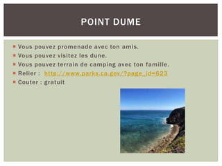  Vous pouvez promenade avec ton amis.
 Vous pouvez visitez les dune.
 Vous pouvez terrain de camping avec ton famille.
 Relier : http://www.parks.ca.gov/?page_id=623
 Couter : gratuit
POINT DUME
 