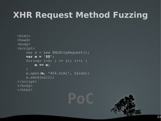 33
XHR Request Method Fuzzing
<html>
<head>
<body>
<script>
var x = new XMLHttpRequest();
var m = '$$';
for(var i=0; i <= ...