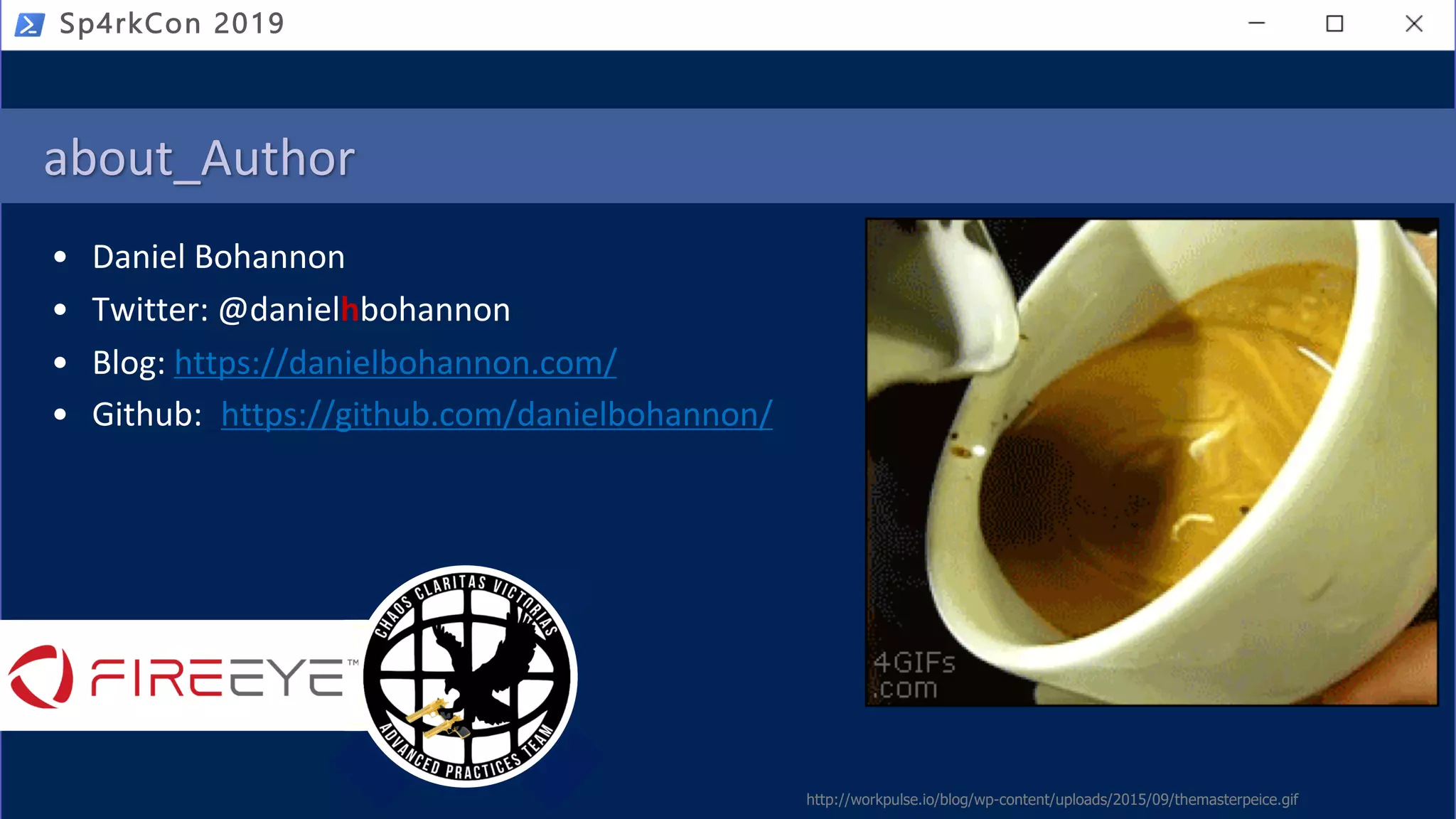 • Daniel Bohannon
• Twitter: @danielhbohannon
• Blog: https://danielbohannon.com/
• Github:_https://github.com/danielbohannon/
about_Author
Sp4rkCon 2019
http://workpulse.io/blog/wp-content/uploads/2015/09/themasterpeice.gif
 