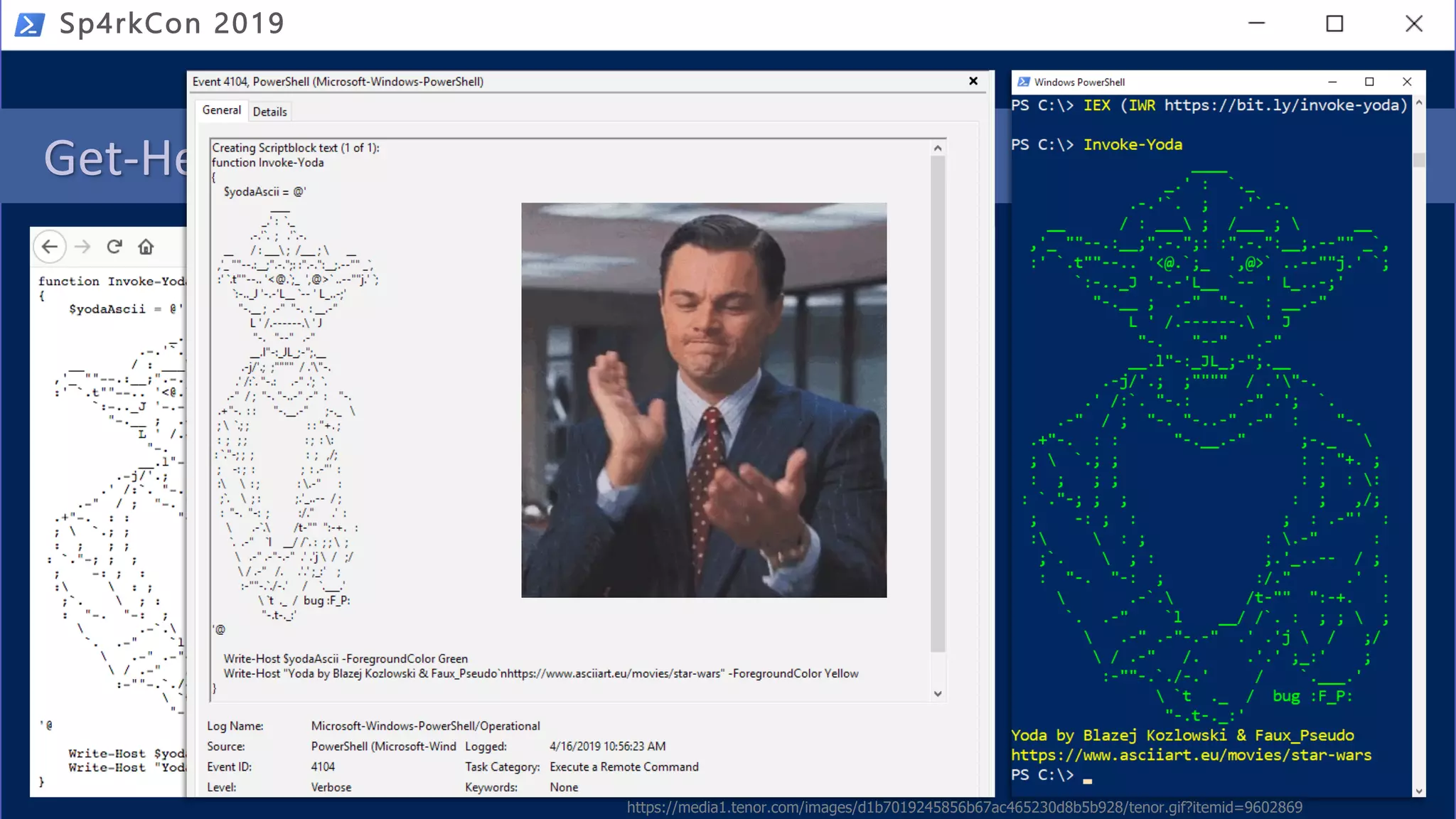 Get-Help Invoke-Yoda -Example
Sp4rkCon 2019
https://pastebin.com/raw/770i3PRz ß https://bit.ly/invoke-yoda
https://media1.tenor.com/images/d1b7019245856b67ac465230d8b5b928/tenor.gif?itemid=9602869
 