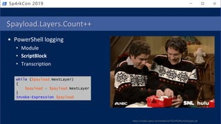 $payload.Layers.Count++
• PowerShell logging
• Module
• ScriptBlock
• Transcription
Sp4rkCon 2019
https://media1.giphy.com/media/3o7TKLlrPQJNLeYjo4/giphy.gif
while ($payload.NextLayer)
{
$payload = $payload.NextLayer
}
Invoke-Expression $payload
 