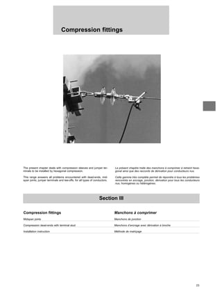 23
Compression fittings
Section III
Compression fittings Manchons à comprimer
Midspan joints Manchons de jonction
Compression dead-ends with terminal stud Manchons d’ancrage avec dérivation à broche
Installation instruction Méthode de matriçage
The present chapter deals with compression sleeves and jumper ter-
minals to be installed by hexagonal compression.
This range answers all problems encountered with dead-ends, mid-
span joints, jumper terminals and tee-offs, for all types of conductors.
Le présent chapitre traite des manchons à comprimer à retreint hexa-
gonal ainsi que des raccords de dérivation pour conducteurs nus.
Cette gamme très complète permet de répondre à tous les problèmes
rencontrés en ancrage, jonction, dérivation pour tous les conducteurs
nus, homogènes ou hétérogènes.
 
