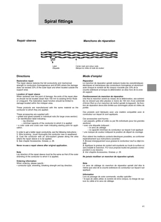 41
Spiral fittings
Repair sleeves Manchons de réparation
Directions
Restorative repair
The repair sleeve restores the full conductivity and mechanical
strength to conductors (homogeneous and ACSR) where the damage
does not exceed 33% of the outer layer and when located outside the
support area.
Location of repair sleeve
When centered over the point of damage, the ends of the repair slee-
ve should not be located closer than 150 mm to existing Armor Rods
or Lineguard. The restorative repair function should be limited to
damage located within the midspan area.
These products are manufactured with the same material as the
conductor to which they are applied.
These accessories are supplied with :
• gritted and glued subsets or individual rods (for large cross section)
• an identification label indicating :
– lay direction
– min/max capacity of the conductor to which it is applied
• a color code and cross over mark indicating starting point for appli-
cation.
In order to get a better repair conductivity, see the following instructions :
1. Wire brushing : brush thoroughly the conductor new or weathered.
2. Coat the conductor with an anti-oxydant grease along the area
where the repair sleeve is to be applied.
3. See chapter Accessories, Grease, p. 28.
Never re-use a repair sleeve after original application.
Note
Lay direction of the repair sleeve must be the same as that of the outer
stranding of the conductor to which it is applied.
Ordering information
When ordering, please specify :
• conductor type, stranding, breaking strength and lay direction.
Mode d’emploi
Réparation
Le manchon de réparation spiralé restaure toutes les caractéristiques
électriques et mécaniques des conducteurs homogènes et aluminium
acier lorsque le nombre de fils rompus n’excède pas 33% de la
couche extérieure et lorsque la déterioration se situe hors de la zone
de support.
Positionnement du manchon de réparation
Une fois le manchon centré au niveau de la détérioration, ses extrémi-
tés ne doivent pas être placées à moins de 150 mm d’une extrémité
d’Armor Rod ou d’un manchon de renfort spiralé (Lineguard). Sa fonc-
tion de réparation devra être limitée aux dommages situés en milieu de
portée.
Ces produits sont fabriqués avec une matière compatible avec le
conducteur sur lequel ils sont appliqués.
Ces accessoires sont fournis :
• par paquets, grittés et collés ou par fils individuels (pour les grandes
sections)
• avec une étiquette indiquant :
– le sens de câblage
– la capacité mini/maxi du conducteur sur lequel il est appliqué
• une marque de couleur indiquant la position de départ du montage.
Pour obtenir les meilleurs contacts électriques possibles, se conformer
impérativement aux instructions suivantes :
1. Brosser énergiquement sous graisse le conducteur neuf ou déjà ins-
tallé.
2. Appliquer la graisse de contact anti-oxydante sur toute la surface où
sera installé le manchon. FCI vous propose toutes les graisses corres-
pondant à vos besoins.
3. Voir chapitre Accessoires, Graisse, p. 28.
Ne jamais réutiliser un manchon de réparation spiralé.
Nota
Le sens de câblage du manchon de réparation spiralé doit être le
même que celui de la couche extérieure du conducteur sur lequel il est
appliqué.
Information
Lors du passage de votre commande, veuillez spécifier :
• le type de câble utilisé, le nombre de brins rompus, la charge de rup-
ture du câble et le sens de câblage.
Label
Etiquette
Center mark and colour code
Marque du milieu et code de couleur
 