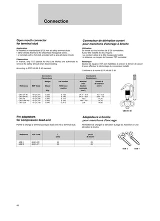 48
Connection
CBO 34-38 67.21.231 0,320 E 120 34,4 – 37,7 7,5 – 8,5
CBO 54-60 67.21.233 0,325 E 140 54,6 – 59,7 9,45 – 10
CBO 75 67.21.235 0,360 E 173 75,5 11,25
CBO 148-147 67.21.237 0,420 E 230 148 – 147 15,75
CBO 228 67.21.239 0,640 E 28 C 228 19,60
Open mouth connector
for terminal stud
Connecteur de dérivation ouvert
pour manchons d’ancrage à broche
Application
Is installed on standardized Ø 25 mm alu alloy terminal studs :
• either directly thanks to the shearhead hexagonal screw…
• or remotely with a hot stick provided with a grip-all clamp (hook)
Observation
In France, only TST (stands for Hot Line Works) are authorized to
remove the safety shroud when disconnecting.
According to EDF HN 66 S 45 standard
Utilisation
Se monte sur les broches de Ø 25 normalisées.
Il peut être installé de deux façons :
• au contact, grâce à la tête hexagonale fusible
• à distance, au moyen de l’anneau TST normalisé.
Remarque
Seules les équipes TST sont habilitées à enlever le témoin de sécuri-
té pour effectuer le démontage du connecteur installé.
Conforme à la norme EDF HN 66 S 45
Connectors Conductors
Connecteurs Conducteurs
Weight Die number Nominal Overall Ø
area Ø extérieur
Reference EDF Code Masse Référence Section (mm2
)
matrice nominale
(Kg) (mm2
)
ADB 1 68.61.470 95 25
ADB 2 68.61.471 95 25
Pin-adaptators
for compression dead-end
Adaptateurs à broche
pour manchons d’ancrage
Permit to change a terminal pad type dead-end into a terminal stud. Permettent de changer la dérivation à plage du manchon en une
dérivation à broche.
Reference EDF Code L pin Ø
(mm) Ø broche
CBO 54-60
ADB 2 ADB 1
 