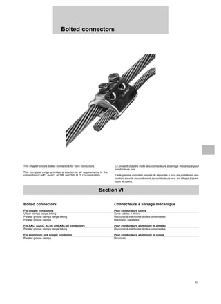53
Bolted connectors
Section VI
Bolted connectors Connecteurs à serrage mécanique
For copper conductors Pour conducteurs cuivre
U-bolt clamps range taking Serre-câbles à étriers
Parallel groove clamps range taking Raccords à mâchoires droites universelles
Parallel groove clamps Mâchoires parallèles
For AAC, AAAC, ACSR and AACSR conductors Pour conducteurs aluminium et almelec
Parallel groove clamps range taking Raccords à mâchoires droites universelles
For aluminium and copper conductor Pour conducteurs aluminium et cuivre
Parallel groove clamps Raccords
This chapter covers bolted connectors for bare conductors.
This complete range provides a solution to all requirements in the
connection of AAC, AAAC, ACSR, AACSR, H.D. Cu conductors.
Le présent chapitre traite des connecteurs à serrage mécanique pour
conducteurs nus.
Cette gamme complète permet de répondre à tous les problèmes ren-
contrés dans le raccordement de conducteurs nus, en alliage d’alumi-
nium et cuivre.
 