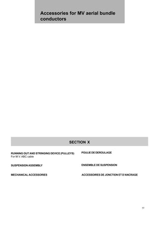 77
Accessories for MV aerial bundle
conductors
SECTION X
RUNNING OUT AND STRINGING DEVICE (PULLEYS)
For M.V. ABC cable
POULIE DE DEROULAGE
SUSPENSIONASSEMBLY ENSEMBLE DE SUSPENSION
MECHANICAL ACCESSORIES ACCESSOIRES DE JONCTION ET D’ANCRAGE
 