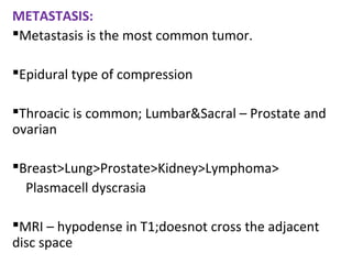 METASTASIS:
Metastasis is the most common tumor.
Epidural type of compression
Throacic is common; Lumbar&Sacral – Prostate and
ovarian
Breast>Lung>Prostate>Kidney>Lymphoma>
Plasmacell dyscrasia
MRI – hypodense in T1;doesnot cross the adjacent
disc space

 