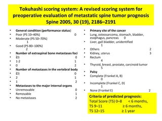 Tokuhashi scoring system: A revised scoring system for
preoperative evaluation of metastatic spine tumor prognosis
Spine 2005, 30 (19), 2186–2191
•
•
•
•
•
•
•
•
•
•
•
•
•
•
•
•

General condition (performance status)
Poor (PS 10–40%)
0
Moderate (PS 50–70%)
1
Good (PS 80–100%)
2
Number of extraspinal bone metastases foci
≧3
0
1-2
1
0
2
Number of metastases in the vertebral body
≧3
0
2
1
1
2
Metastases to the major internal organs
Unremovable
0
Removable
1
No metastases
2

•
•
•
•
•
•
•
•
•
•
•

Primary site of the cancer
Lung, osteosarcoma, stomach, bladder,
esophagus, pancreas
0
Liver, gall bladder, unidentified
1
Others
2
Kidney, uterus
3
Rectum
4
Thyroid, breast, prostate, carcinoid tumor
5
Palsy
Complete (Frankel A, B)
0
Incomplete (Frankel C, D)
1
None (Frankel E)
2

Criteria of predicted prognosis:
Total Score (TS) 0–8
< 6 months,
TS 9–11
≥ 6 months,
TS 12–15
≥ 1 year

 