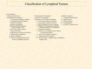 Classification of Lymphoid Tumors B-Cell neoplasms I  Precurser B-cell tumors T-cell and putative NK neoplasms Hodgkin’s lymphoma  II Peripheral B-cell neoplasms   I  Precurser T-cell neoplasm   I.  Lymphocyte predominance 1. B-cell chronic lymphocytic leukemia   II Peripheral T-cell and NK-cell neoplasms  II.  Nodular sclerosis 2. Lymphoplasmacytoid lymphoma   1.  T-cell chronic lymphocytic leukemia  III.  Mixed cellularity  3. Mantle cell lymphoma   2.  Large granular lymphocyte leukemia  IV.  Lymphodepletion 4. Follicle cell lymphoma   3.  Mycosis fungoides or sezary syundrome  V.  Provisioal: Lymphocyte-rich   Marginal zone B-cell lymphoma   4.  Peripheral T-cell lymphomas, unspecified   classical Hodgkin’sclass  5. Angioimmunoblastic T-cell lymphoma 6. Provisional: splenic marginal   6  Angiocentric lymphoma.. 7. Hairy cell leukemia   7.  Intestinal T-ce;; lymphoma (with or without . 8. Plasmacytoma or plasma cell myeloma   associated enteropathy) 9. Diffuse large cell lymphoma   8.  Adult T-cell lymphoma or leukemia 10. Burkitt’s lymphoma   9.  Anaplastic large cell lymphoma  11. Provisional: High grade Burkitt-like    10.  Provisional entity: Anaplastic large cell lymphoma,   Plasma cells (Multiple myeloma)   Hodgkin;s-like 