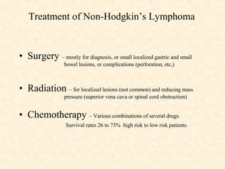 Treatment of Non-Hodgkin’s Lymphoma   Surgery  – mostly for diagnosis, or small localized gastric and small  bowel lesions, or complications (perforation, etc,) Radiation  – for localized lesions (not common) and reducing mass  pressure (superior vena cava or spinal cord obstruction)  Chemotherapy  – Various combinations of several drugs. Survival rates 26 to 73%  high risk to low risk patients.  