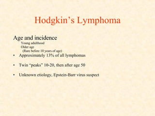 Hodgkin’s Lymphoma Age and incidence Young adulthood Older age (Rare before 10 years of age) Approximately 13% of all lymphomas Twin “peaks” 10-20, then after age 50 Unknown etiology, Epstein-Barr virus suspect 