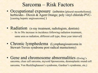 Sarcoma – Risk Factors Occupational exposure  (asbestos  [pleural mesothelioma];  herbicides - Dioxin & Agent Orange; poly vinyl chloride-PVC-  [causing hepatic angiosarcoma]  ) Radiation  (x-ray treatment, radiologists, dentists) 8x to 50x increase in incidence following radiation treatment, same area as radiation, different cell type, three year interval ) Chronic lymphedema  (Lymphangiosarcoma in  Stewart-Treves syndrome post radical mastectomy) Gene and chromosome abnormalities  (Ewing’s sarcoma, clear cell sarcoma, myxoid liposarcoma, desmoplastic round cell sarcoma, Von Recklinghausen’s syndrome, Gardner’s syndrome, etc,)   