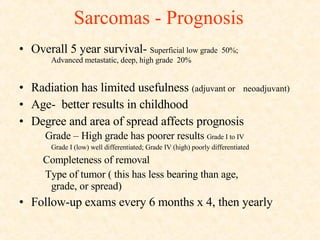 Sarcomas - Prognosis Overall 5 year survival-  Superficial low grade  50%;  Advanced metastatic, deep, high grade  20%  Radiation has limited usefulness  (adjuvant or  neoadjuvant) Age-  better results in childhood Degree and area of spread affects prognosis Grade – High grade has poorer results  Grade I to IV Grade I (low) well differentiated; Grade IV (high) poorly differentiated Completeness of removal Type of tumor ( this has less bearing than age,  grade, or spread) Follow-up exams every 6 months x 4, then yearly  