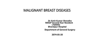 MALIGNANT BREAST DISEASES
Dr Amit Kumar Shrestha
MDGP Second Year Resident
( NAMS)
Bharatpur Hospital
Department of General Surgery
2074-05-20
 