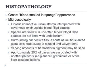 HISTOPATHOLOGY
 Gross: “blood-soaked in sponge” appearance
 Microscopically
 Fibrous connective tissue stroma interspersed with
cavernous or sinusoidal blood-filled spaces
 Spaces are filled with unclotted blood; blood filled
spaces are not lined with endothelium
 Surrounding connective tissue contains multinucleated
giant cells, trabeculae of osteoid and woven bone
 Varying amounts of hemosiderin pigment may be seen
 Approximately 20% of cases are associated with
another pathosis like giant cell granuloma or other
fibro-osseous lesions
 