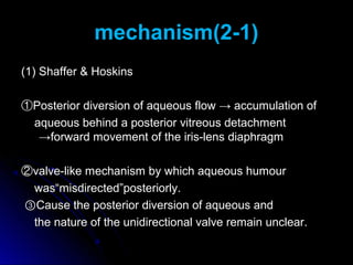 mechanism(2-1)
(1) Shaffer & Hoskins

①Posterior diversion of aqueous flow → accumulation of
 aqueous behind a posterior vitreous detachment
  →forward movement of the iris-lens diaphragm

②valve-like mechanism by which aqueous humour
 was“misdirected”posteriorly.
③Cause the posterior diversion of aqueous and
 the nature of the unidirectional valve remain unclear.
 