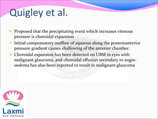 Quigley et al. 
 Proposed that the precipitating event which increases vitreous 
pressure is choroidal expansion 
 Initial compensatory outflow of aqueous along the posteroanterior 
pressure gradient causes shallowing of the anterior chamber. 
 Choroidal expansion has been detected on UBM in eyes with 
malignant glaucoma, and choroidal effusion secondary to angio-oedema 
has also been reported to result in malignant glaucoma 
 