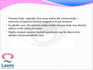  Vitreous body –optically clear areas within the vitreous body – 
reservoirs of aqueous humour trapped in its gel structure 
 In aphakic eyes, the anterior surface of the vitreous body may directly 
adhere to the ciliary processes 
 Highly resistant anterior hyaloid membrane may be observed in 
aphakic and pseudophakic eyes 
 