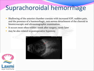 Suprachoroidal hemorrhage 
 Shallowing of the anterior chamber coexists with increased IOP, sudden pain, 
and the presence of a haemorrhagic, non-serous detachment of the choroid in 
biomicroscopic and ultrasonographic examination. 
 It occurs most often within 1 week after surgery, rarely later 
 may be also related to postoperative hypotony 
 