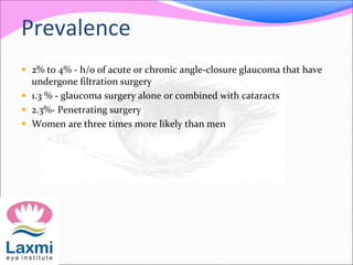 Prevalence 
 2% to 4% - h/o of acute or chronic angle-closure glaucoma that have 
undergone filtration surgery 
 1.3 % - glaucoma surgery alone or combined with cataracts 
 2.3%- Penetrating surgery 
 Women are three times more likely than men 
 