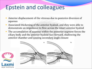 Epstein and colleagues 
 Anterior displacement of the vitreous due to posterior diversion of 
aqueous 
 Associated thickening of the anterior hyaloid, and they were able to 
demonstrate an impedance to flow across the intact anterior hyaloid 
 The accumulation of aqueous within the posterior segment forces the 
ciliary body and the anterior hyaloid face forward, shallowing the 
anterior chamber and causing secondary angle closure 
 