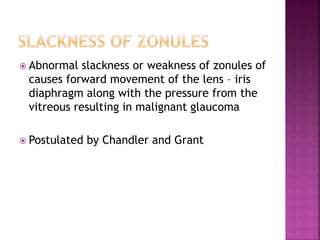  Abnormal slackness or weakness of zonules of
causes forward movement of the lens – iris
diaphragm along with the pressure from the
vitreous resulting in malignant glaucoma
 Postulated by Chandler and Grant
 