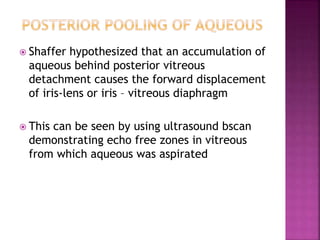 Shaffer hypothesized that an accumulation of
aqueous behind posterior vitreous
detachment causes the forward displacement
of iris-lens or iris – vitreous diaphragm
 This can be seen by using ultrasound bscan
demonstrating echo free zones in vitreous
from which aqueous was aspirated
 