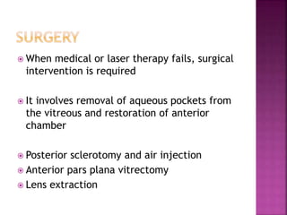  When medical or laser therapy fails, surgical
intervention is required
 It involves removal of aqueous pockets from
the vitreous and restoration of anterior
chamber
 Posterior sclerotomy and air injection
 Anterior pars plana vitrectomy
 Lens extraction
 