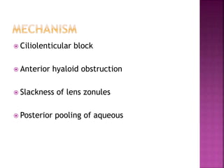  Ciliolenticular block
 Anterior hyaloid obstruction
 Slackness of lens zonules
 Posterior pooling of aqueous
 