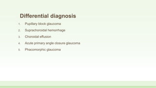 Differential diagnosis
1. Pupillary block glaucoma
2. Suprachoroidal hemorrhage
3. Choroidal effusion
4. Acute primary angle closure glaucoma
5. Phacomorphic glaucoma
 