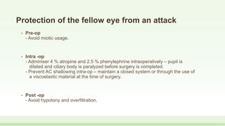 Protection of the fellow eye from an attack
• Pre-op
- Avoid miotic usage.
• Intra -op
- Adminiser 4 % atropine and 2.5 % phenylephrine intraoperatively – pupil is
dilated and ciliary body is paralyzed before surgery is completed.
- Prevent AC shallowing intra-op – maintain a closed system or through the use of
a viscoelastic material at the time of surgery.
• Post -op
- Avoid hypotony and overfiltration.
 