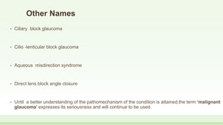 Other Names
• Ciliary block glaucoma
• Cilio -lenticular block glaucoma
• Aqueous misdirection syndrome
• Direct lens block angle closure
• Until a better understanding of the pathomechanism of the condition is attained,the term ‘malignant
glaucoma’ expresses its seriousness and will continue to be used.
 