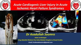Acute Cardiogenic Liver Injury in Acute
Ischemic Heart Failure Syndromes
Dr Asadullah Soomro
Adult cardiologist
King Abdullah Medical City Holly Makkah Kingdom of Saudi Arabia.
Email; hssbasadsoomro@gmail.com
 