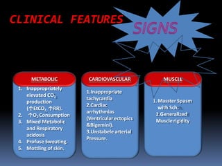 CLINICAL FEATURES
1.Inappropriate
tachycardia
2.Cardiac
arrhythmias
(Ventricularectopics
&Bigemini).
3.Unstabele arterial
Pressure.
1.Masster Spasm
with Sch.
2.Generalized
Musclerigidity
METABOLIC
1. Inappropriately
elevated CO2
production
(↑EtCO2, ↑RR).
2. ↑O2 Consumption
3. Mixed Metabolic
and Respiratory
acidosis
4. Profuse Sweating.
5. Mottling of skin.
CARDIOVASCULAR MUSCLE
 