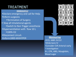 TREATMENT
IMMEDIATELY
Declare emergency and call for Help.
Inform surgeons
Termination of Surgery
 Stop all Inhalational agents
Switch to Non Trigger anesthesia
Hyperventilation with flow 10 L
100% O2
Disconnect circuit.
Inform1800-MHHYPER Monitoring
•ECG, NIBP, EtCO2
•Wide bore IV
•Consider CVP, Arterial early
• Investigation
K+, CPK, ABG, Myoglobin,
Blood sugar
 