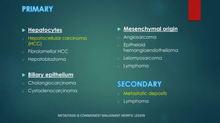PRIMARY
 Hepatocytes
o Hepatocellular carcinoma
(HCC)
o Fibrolamellar HCC
o Hepatoblastoma
 Biliary epithelium
o Cholangiocarcinoma
o Cystadenocarcinoma
 Mesenchymal origin
o Angiosarcoma
o Epitheloid
hemangioendothelioma
o Leiomyosarcoma
o Lymphoma
SECONDARY
o Metastatic deposits
o Lymphoma
METASTASIS IS COMMONEST MALIGNANT HEPATIC LESION
 