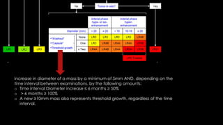 increase in diameter of a mass by a minimum of 5mm AND, depending on the
time interval between examinations, by the following amounts:
o Time interval Diameter increase ≤ 6 months ≥ 50%
o > 6 months ≥ 100%
o A new ≥10mm mass also represents threshold growth, regardless of the time
interval.
 