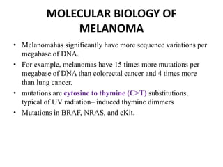 MOLECULAR BIOLOGY OF
MELANOMA
• Melanomahas significantly have more sequence variations per
megabase of DNA.
• For example, melanomas have 15 times more mutations per
megabase of DNA than colorectal cancer and 4 times more
than lung cancer.
• mutations are cytosine to thymine (C>T) substitutions,
typical of UV radiation– induced thymine dimmers
• Mutations in BRAF, NRAS, and cKit.
 