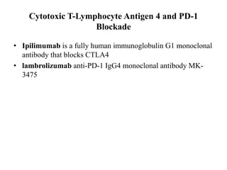 Cytotoxic T-Lymphocyte Antigen 4 and PD-1
Blockade
• Ipilimumab is a fully human immunoglobulin G1 monoclonal
antibody that blocks CTLA4
• lambrolizumab anti-PD-1 IgG4 monoclonal antibody MK-
3475
 